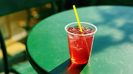 Iced red drink w/ yellow straw on green table, sunny, slight blur
