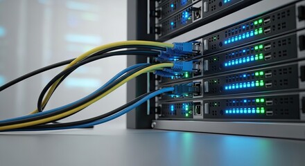 A network server with multiple Ethernet cables connected to it.