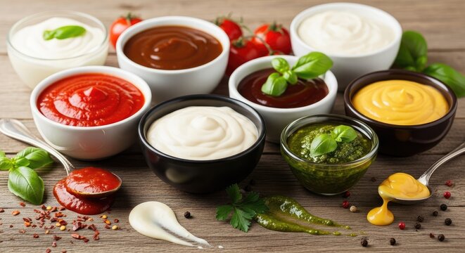 Various types of sauces and condiments on a wooden table.