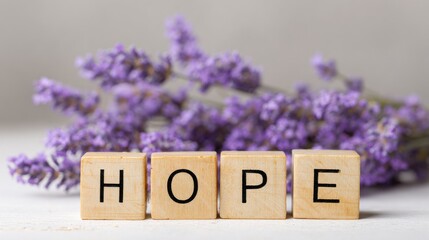 Blocks spelling "HOPE" set before out-of-focus purple lavender flowers