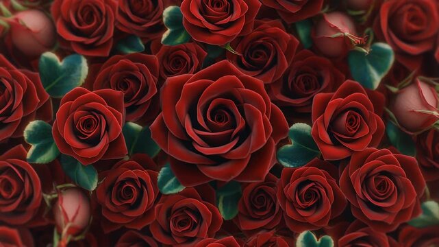 A breathtaking tapestry of lush crimson rose blossoms, artfully arranged to create a rich and enchanting floral pattern, symbolizing profound love, passion, and timeless natural splendor