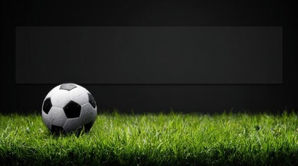 Soccer ball in grass against a dark backdrop, ideal for a banner
