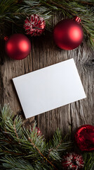 Flat lay of a blank greeting card surrounded by festive Christmas ornaments and pine branches on a rustic wooden background, perfect for holiday messages