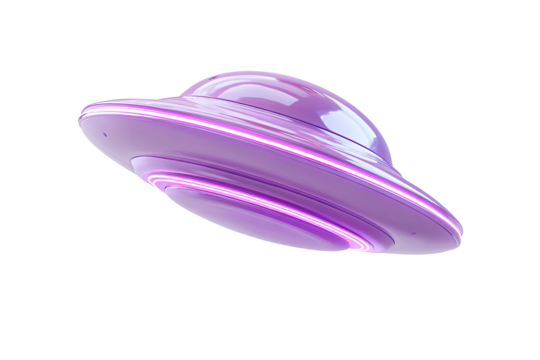 Lilac UFO with glowing stripes hovers in the darkness