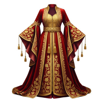 Elegant red and gold kaftan isolated on transparent background