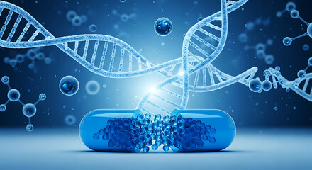 Blue D N A helix structures and capsule with molecules on blue background image