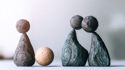 Three minimalist wooden figures carefully balance a polished stone, symbolizing mental balance and teamwork against a muted grey studio background.