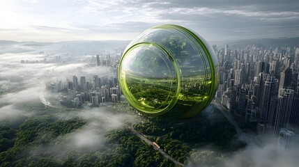 Massive transparent sphere containing vibrant greenery hovers over a dense metropolitan area shrouded in morning mist