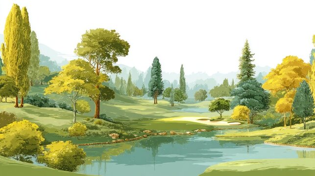 A picturesque golf course with a pond, trees, and a bridge, surrounded by lush greenery and a clear blue sky.
