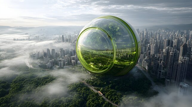 Massive transparent sphere containing vibrant greenery hovers over a dense metropolitan area shrouded in morning mist