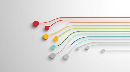 A colorful abstract design with a gradient of red, orange, yellow, green, blue, and purple lines and dots on a white background.