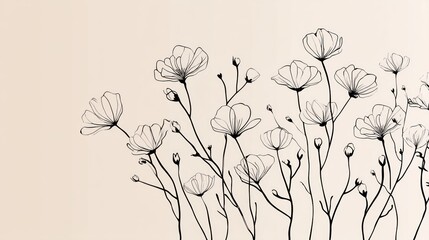 Naklejka premium A black and white illustration of a floral arrangement with flowers and buds on a beige background.