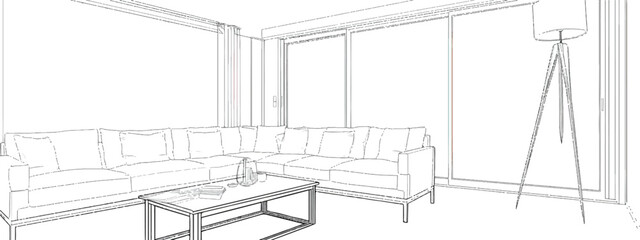 Modern Living Room Sketch: A minimalist line drawing showcases a spacious, contemporary living room with large windows, a comfortable sectional sofa, and a stylish floor lamp.