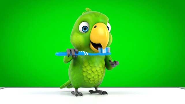 Animated Green Parrot Brushing Teeth on a Vibrant Green Screen Background Animation Featuring Dental Hygiene and Healthcare