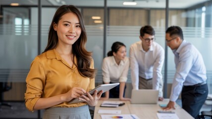 Fototapeta premium Asian woman with tablet in office setting with coworkers in background during meeting at table