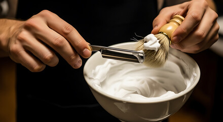 Hands preparing luxurious shaving cream with a brush and classic safety razor for a traditional wet shave