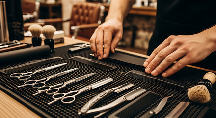 Barber's hands organize professional hairdressing and shaving tools on a mat in a barbershop setting.