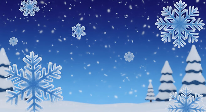 A bright 3D rendered winter scene depicting large, stylized blue snowflakes falling against a gradient blue sky and snow-covered ground, with blurred snow-covered pine trees in the background. - Powered by Adobe