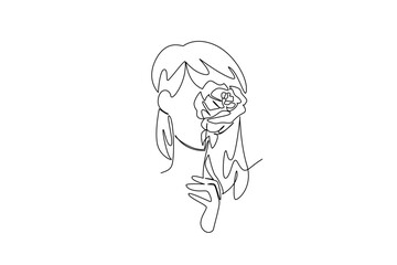 Continuous line drawing depicts a woman touching a rose on her face for National Red Rose Day, combining romantic symbolism and artistic elegance in a minimalist art concept.