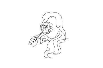 Continuous line drawing of a woman with a rose on her face celebrates National Red Rose Day, expressing elegance, femininity, and emotional depth through a minimalist art concept of romantic beauty.