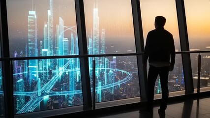 Man looks out over a futuristic city with glowing blue infrastructure and skyscrapers at sunset, a vision of smart urban development and technological advancement.