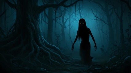 Eerie Encounter in the Dark Forest: A Haunting Figure Emerges from the Fog