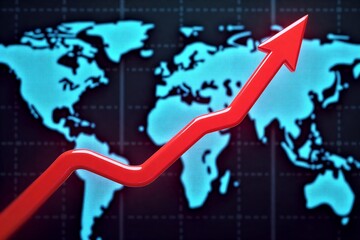 Global map with red upward arrow symbolizing growth, innovation and international expansion in digital economy.