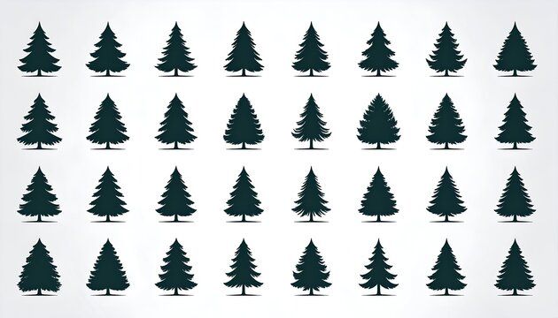 A collection of various stylized dark evergreen trees on a light grey gradient background