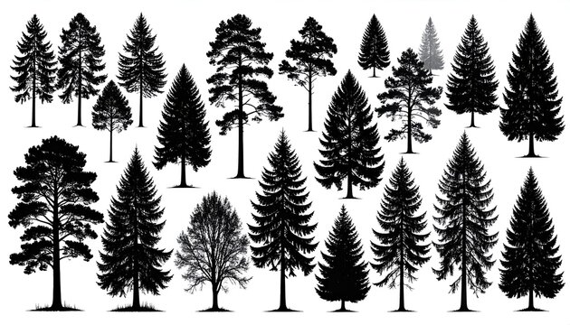 A collection of various silhouette trees, mostly conifers, with detailed branches and textures