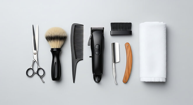 Professional barber tools flat lay. Hairdressing and shaving equipment set on a clean grey background, top view.