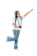 Naklejka premium Enthusiastic Female Traveler Cheering and Pointing Upwards on White Background