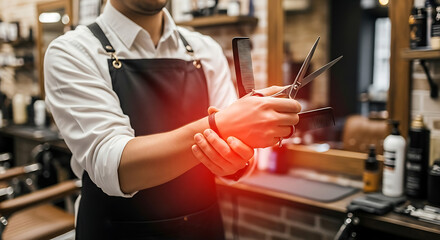 Professional barber experiencing wrist pain, highlighted in red, an occupational hazard from repetitive strain with scissors.
