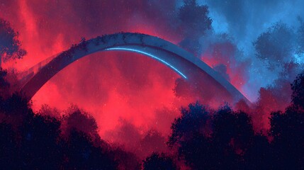 Massive futuristic ring structure glows with neon light above dark forest canopy