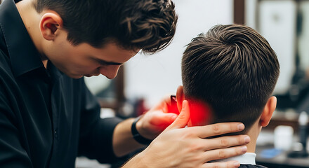 Professional barber giving a precise haircut to a male client in a barbershop, focusing on neck and ear detail with modern grooming tools.
