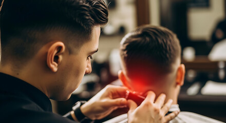 Barber cutting hair, client's neck with red glow symbolizing pain, tension, or medical discomfort