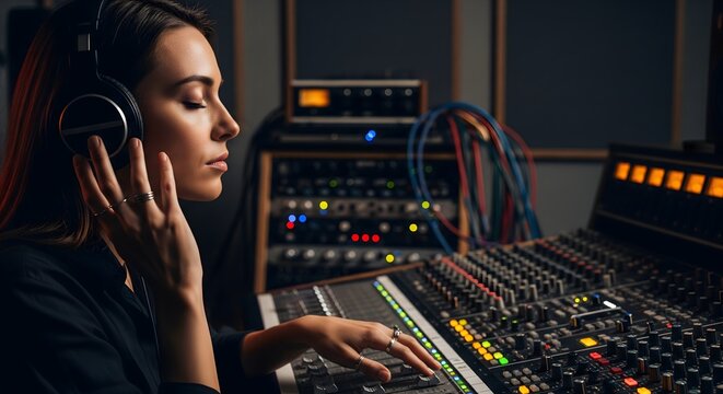 Focused Woman Mixing Music in Recording Studio