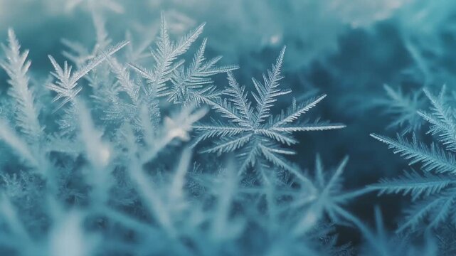 Blue macro snowflake crystals on frosty winter surface