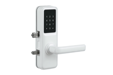 White digital doorknob with keypad against black