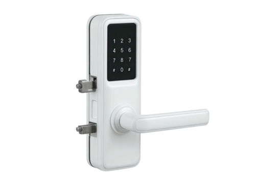 White digital doorknob with keypad against black
