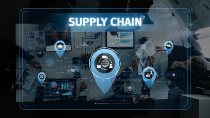 A modern supply chain management scene featuring professionals collaborating with technology and data analytics in a conference setting, showcasing business strategy. Raster