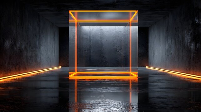Glowing orange cube structure illuminates dark, empty concrete corridor interior