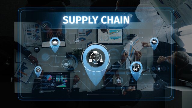 A modern supply chain management scene featuring professionals collaborating with technology and data analytics in a conference setting, showcasing business strategy. Raster