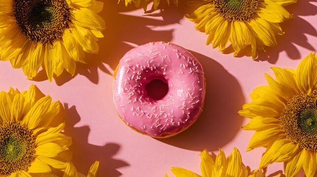 Bright yellow sunflowers frame a single pink frosted pastry on a pastel background