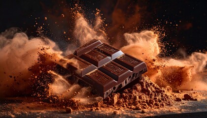 Chocolate bar exploding with cocoa powder, a delicious and rich dessert treat