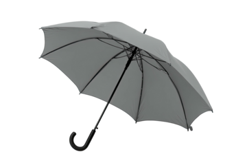 Open gray umbrella, curved handle, against black background