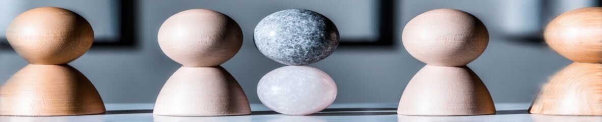 Three minimalist wooden figures carefully balance a polished stone, symbolizing mental balance and teamwork against a muted grey studio background.