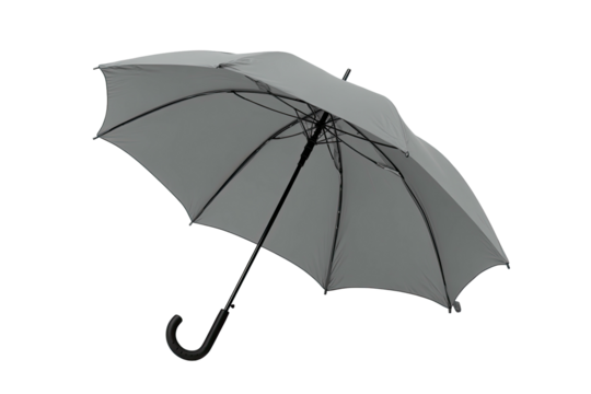 Open gray umbrella, curved handle, against black background