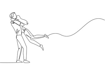 Continuous line drawing of a couple lifted in embrace, woman jumping hug into man. Celebrates National Loving Day, representing joy and affection through an expressive minimalist love art concept.