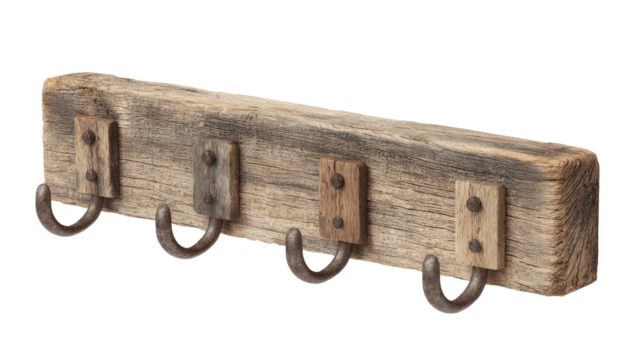 Rustic wooden rack with four aged metal hooks