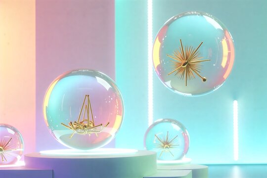 Neon-lit corridor with glowing spheres containing star-like structures, futuristic sci-fi aesthetic.